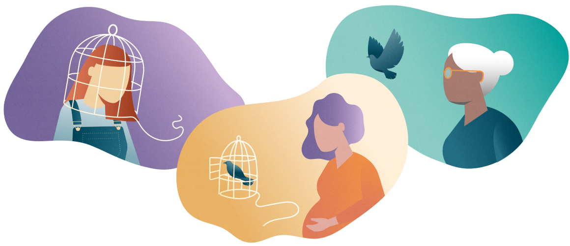 The_female_migraine_header_1160x500.png Layered colorful silhouettes of women in various life stages with bird and bird cage symbolizing migraine