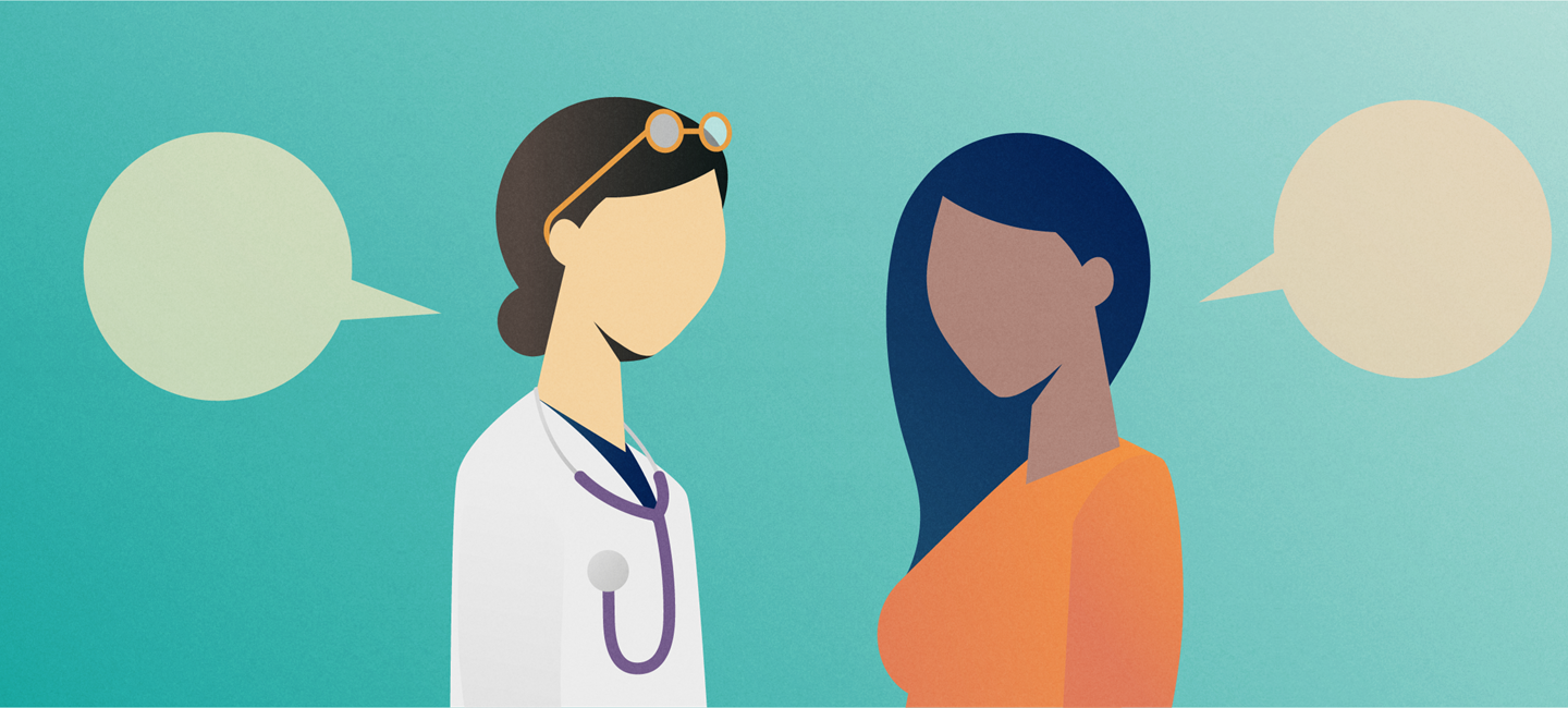 A colorful banner depicting a doctor and a patient communicating through the use of speech bubbles. 