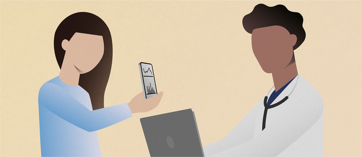 EAN21_No11_1150x500px_150ppi.png Woman showing data on a smartphone to doctor with laptop.
