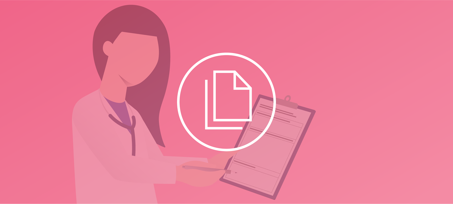 EfficacyMeasuresInClinicalTrials_BANNER-1150x500.png White icon of a paper sheet overlaid on a drawing of a healthcare professional (HCP) filling in a clipboard.
