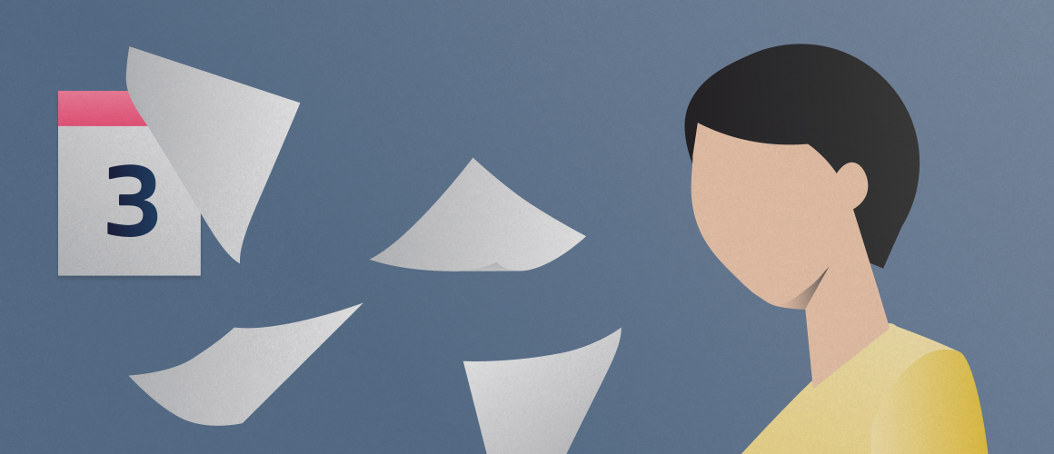 Illustration of patient looking at calendar pages falling off of a wall.