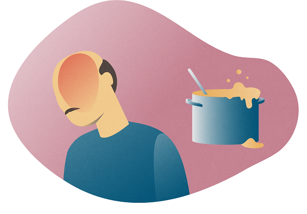 MPR699-Teva-MonthlyArticle_December-Diogo-V01-02-20201126_FIGURE 4 - HEADACHE AT HOME.png Silhouette of a man with headache (red shading) in front of an overflowing pot of stew, on a pink background.