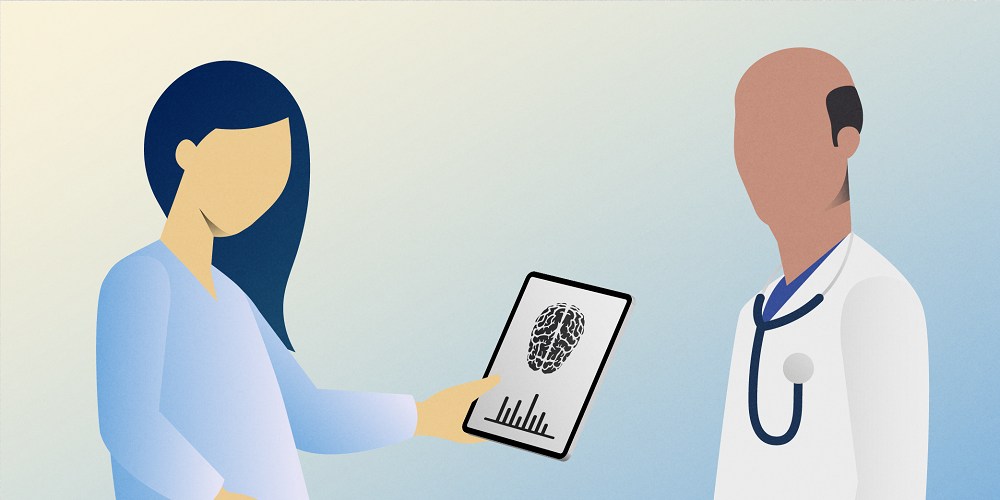 MPR873-Teva-Neurologybytes 2021-Monthly Article 1-V00-06-20210319_FIGURE 3 - 1000x500.png Silhouette illustration of a patient holding a tablet showing health information on the left side, and an HCP on the right side, on a light yellow-blue background.