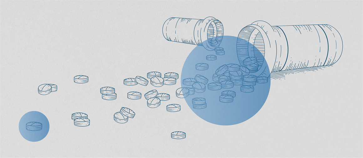 NB Migraine Monthly No 3_BANNER-1150x500.png Monochromatic illustration of 2 open medicine bottles on their sides and scattered medicine tablets overlaid with blue circles.