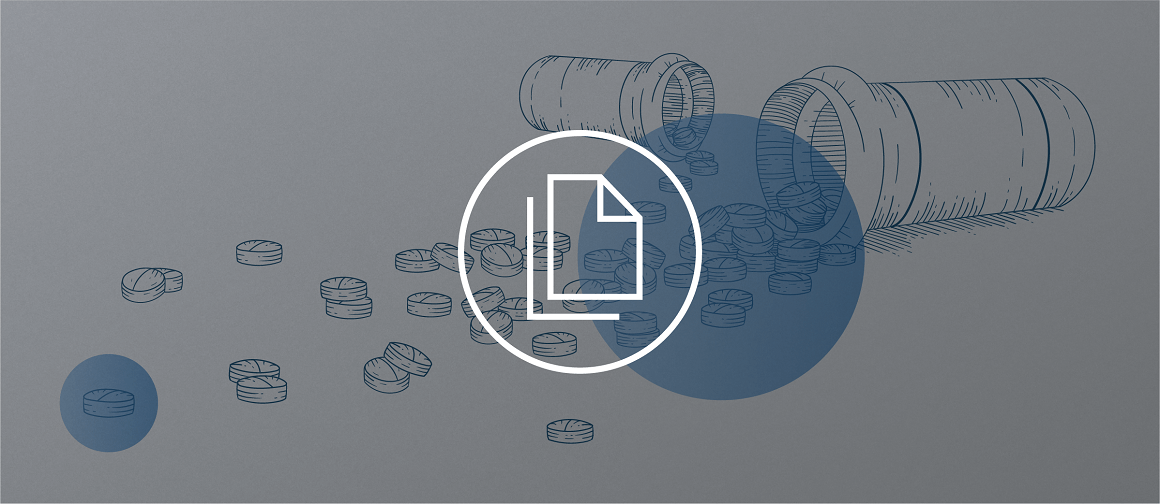 White wrench icon enclosed in a circle overlaid on a monochromatic illustration of 2 open medicine bottles on their sides and scattered medicine tablets.