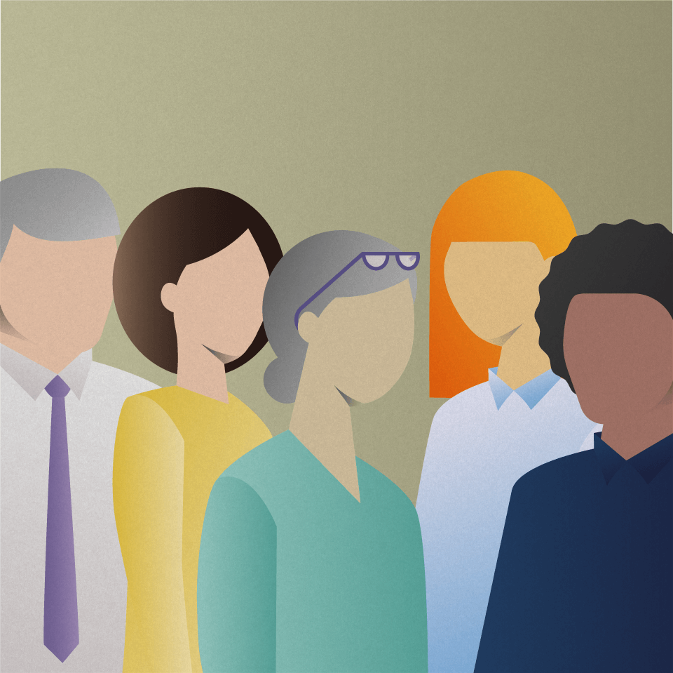 Silhouettes of people of various ages, genders, and races. 