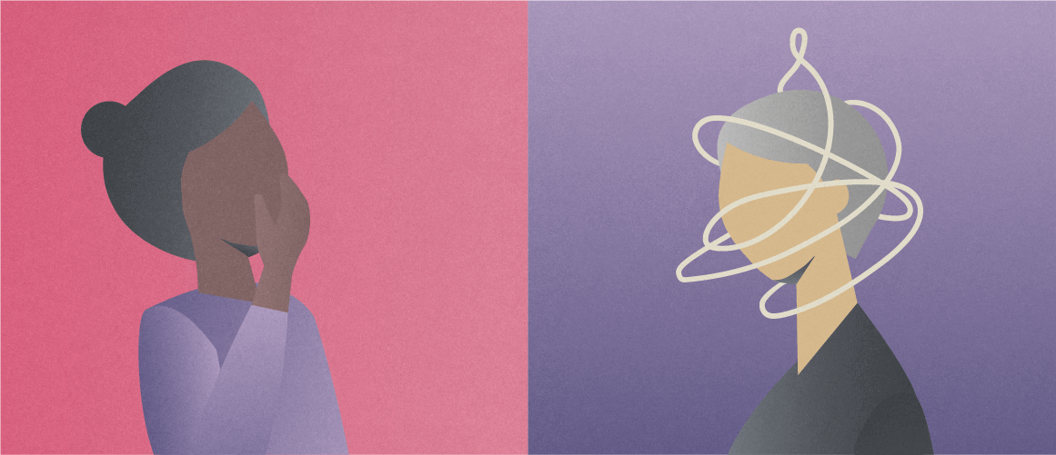 Premonitory symptoms - 1150x500.png Silhouette of a woman yawning; silhouette of a woman with abstract coils floating around head to symbolize neck stiffness.