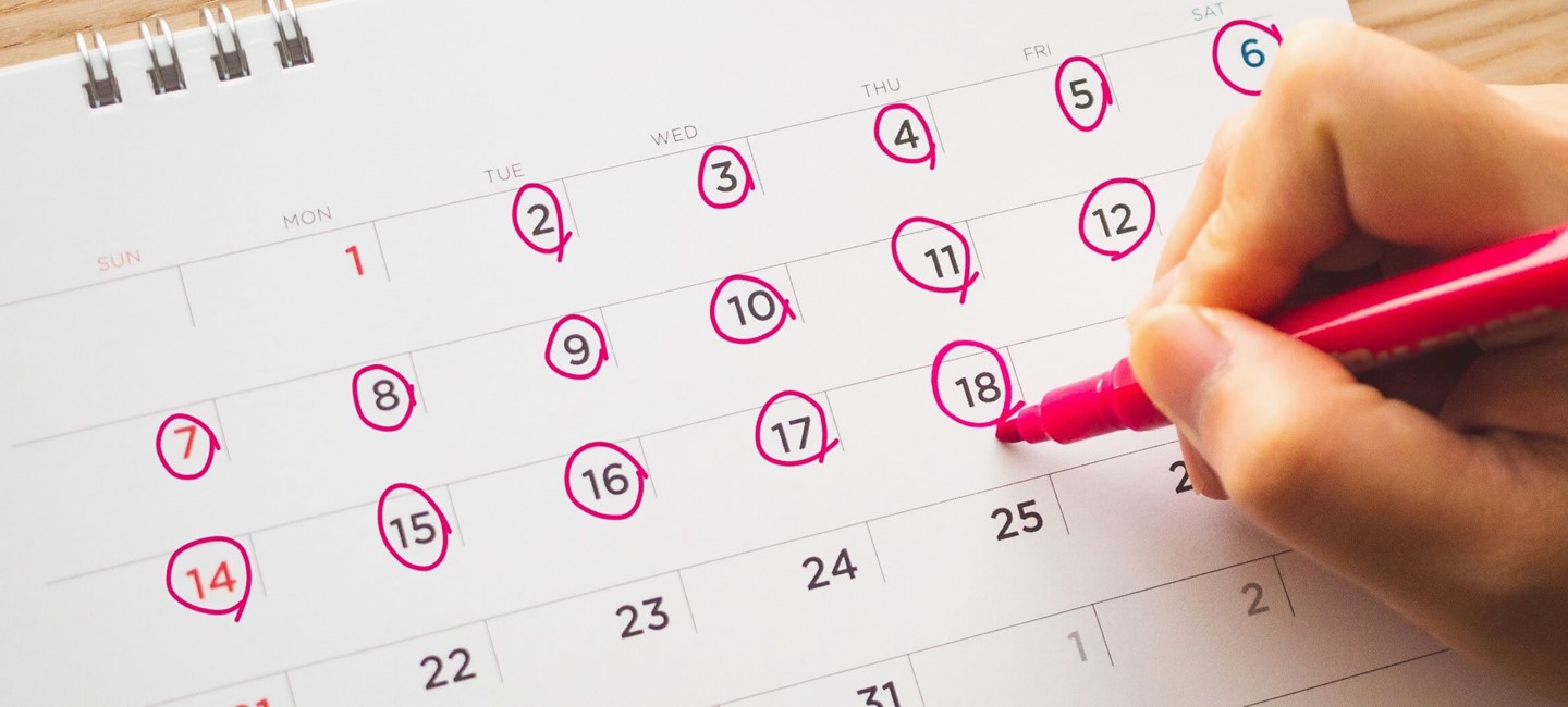 NB Migraine Repuposed AHS21 No 1_BANNER_No7_NPS-TPE-NP-00427_1150x500px.jpg A monthly calendar with the dates circled in pink ink.