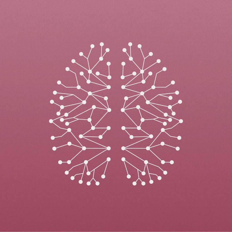 Illustration of a brain-shaped network on a pink background.